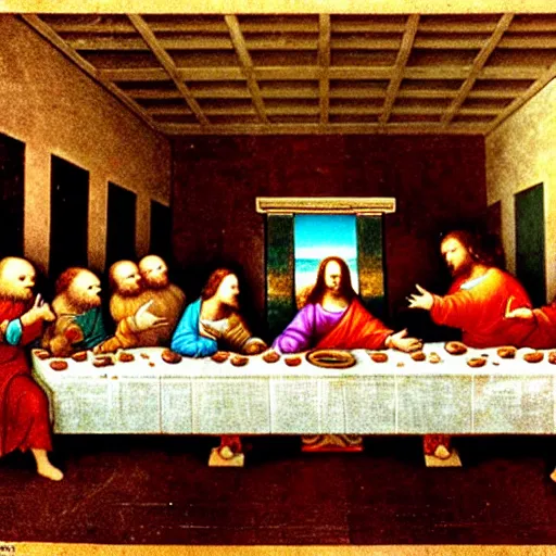 Prompt: the last supper by da Vinci with teddy bears instead of apostles, eating sashimi