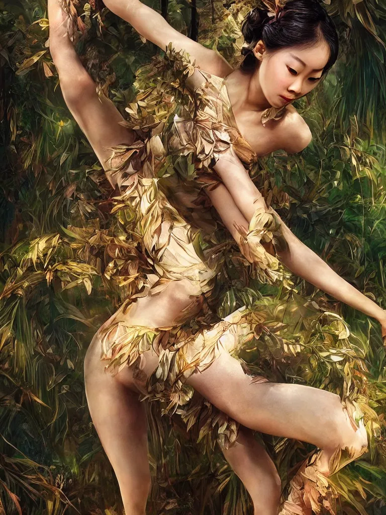 Image similar to stunningly beautiful, asian prima ballerina in jungle, symmetrical face, golden hour, smooth, focus, highly detailed, hyper realistic, dramatic lighting, elegant, intricate, concept art, art by wlop, mars ravelo, greg rutowski