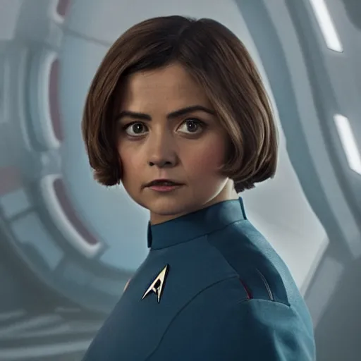 Prompt: jenna coleman as a star trek captain, a still from star trek painted by artgerm and greg rutkowski and alphonse mucha.