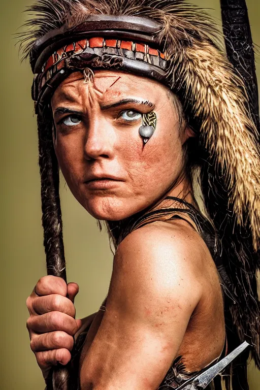 Image similar to portrait of a barbarian female, ultra sharp, very detailed, high quality focus by ian sprigger