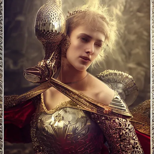 Image similar to portrait of gorgeous russian woman in armor, dramatic lighting, silver gold red details, filigree, intricate details, cinematic, elegant, octane render, art nouveau, 8k post-processing, intricate art by John Collier and Albert Aublet and Krenz Cushart and Artem Demura and Alphonse Mucha,