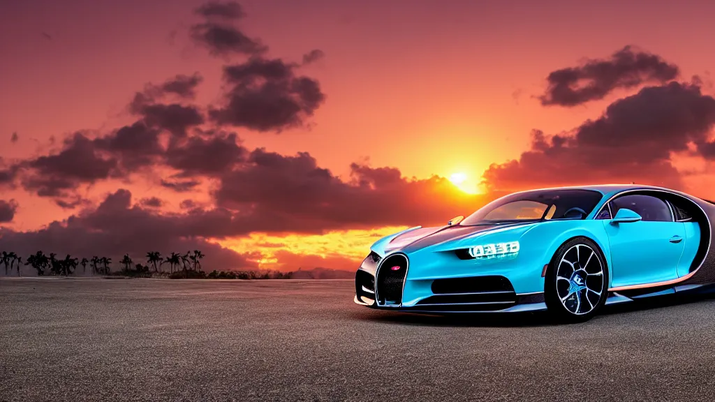 Image similar to synthwave bugatti chiron at sunset, 8 k. filling of the view