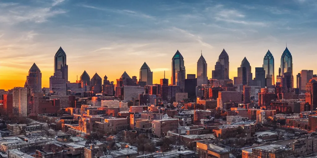 Prompt: post-apocalyptic philadelphia skyline at sunset, realistic