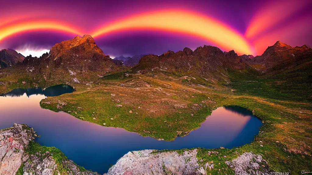 Prompt: amazing landscape photo of a funnel shaped purple tornado over mountains with lake in sunset by marc adamus, beautiful dramatic lighting