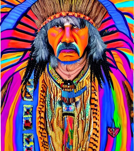 Prompt: Portrait painting in a style of Alex Grey of an old shaman dressed in a colorful traditional clothes.