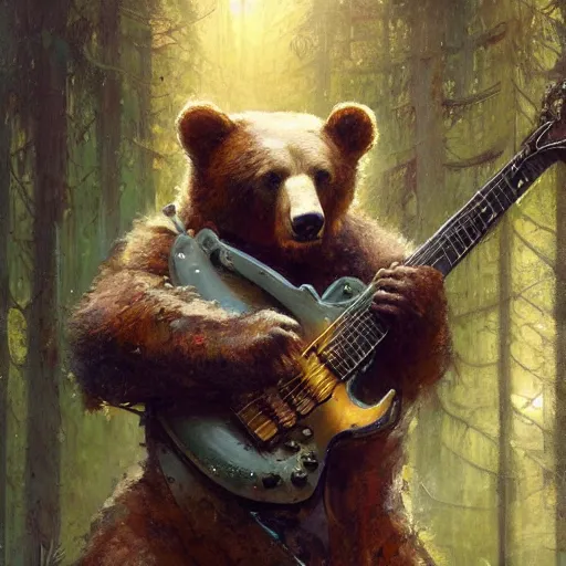 Prompt: realistic bear playing futuristic prismatic angular guitar, fantasy character portrait by Greg Rutkowski, Craig Mullins, Gaston Bussiere