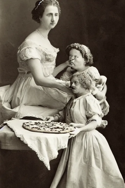 Prompt: historical photo of queen margherita ( savoy ) sharing a pizza! margherita with her slave girl, full body, portrait photo, diffuse light, acclaimed masterpiece