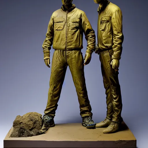 Image similar to jesse pinkman and walter white has been transformed into inanimate bronze statues, in a museum