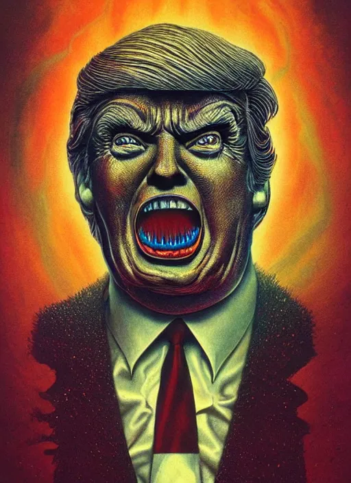 Image similar to donald trump's disgusting true form burstin from within, horror, high details, intricate details, by vincent di fate, artgerm julie bell beeple, 1 9 8 0 s, inking, vintage 8 0 s print, screen print