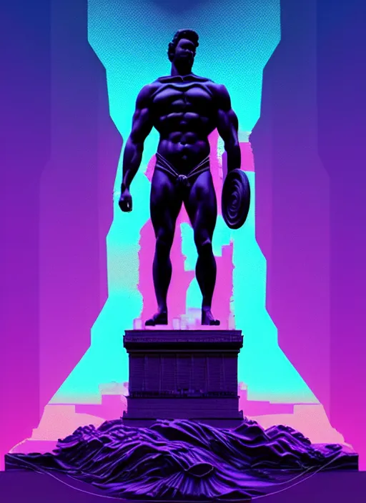 Image similar to statue of hercules, beeple, android jones, ( ( ( ( ( dan mumford ) ) ) ) ), vaporwave, retrowave, black background, neon wiring, black, glitch, strong contrast, cuts, pinterest, trending on artstation