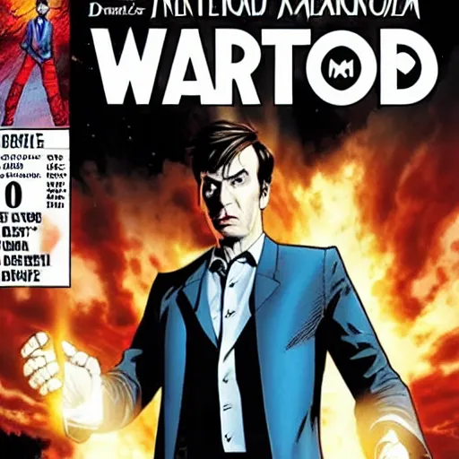 Image similar to A marvel comic book cover of the tenth doctor standing in front of the Tardis, daytime