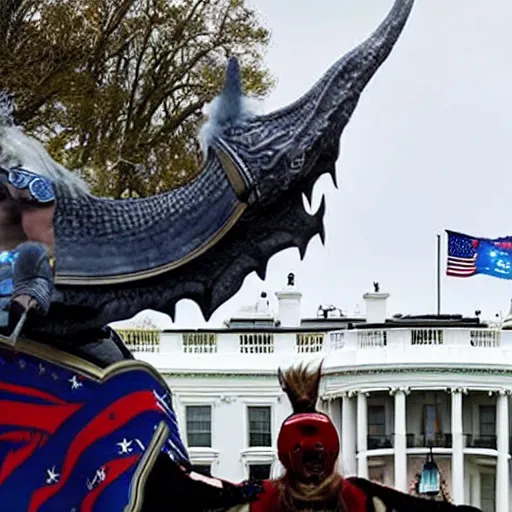 Image similar to a viking holding the head of donald trump riding a dragon flying, over the white house