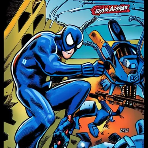 Image similar to blue spiderman with a machine gun fighting aliens