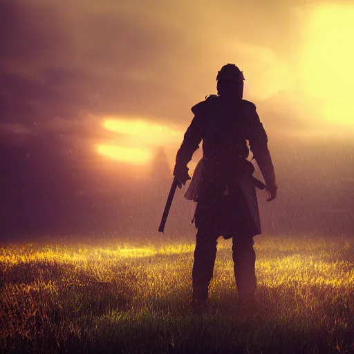 Image similar to lone warrior standing in the rain on a battlefield with the sun rising, volumetric lighting, backlit, digital art, trending on artstation, award-winning art, 4k