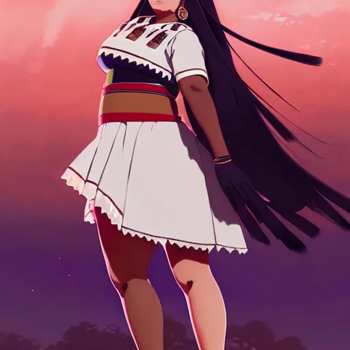 Image similar to a beautiful! plus sized native women instagram model, brown skin, wearing elegant catholic school girl designer fashion with mayan pattern and native style, aztec street fashion, gapmoe yandere grimdark, trending on pixiv fanbox, painted by greg rutkowski makoto shinkai takashi takeuchi studio ghibli, akihiko yoshida