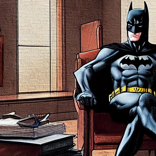 Prompt: a picture of batman sitting in a therapists office, 4 k, ultra detailed, in a baroque style