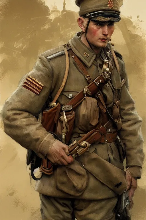 Prompt: A full portrait of a russian world war two soldier, intricate, elegant, highly detailed, digital painting, artstation, concept art, smooth, sharp focus, illustration, art by Krenz Cushart and Artem Demura and alphonse mucha