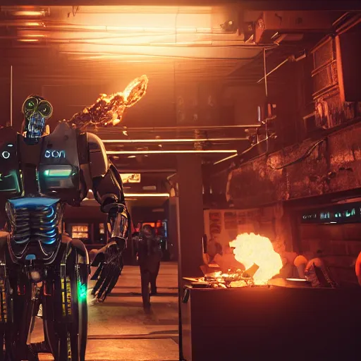 Prompt: A sophisticated terminator with borg implants and lots of components sitting in a cyberpunk cafe and munching on skewer kebabs made of electronic components. Unreal 5 nanite, path tracing render, global illumination. Highly detailed 8k. Bloom, cinematic post-processing