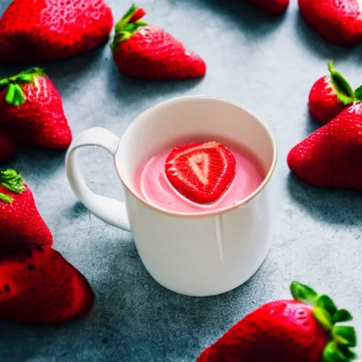 Prompt: a strawberry shaped mug floating in water