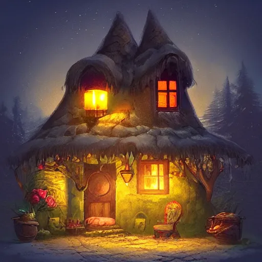 Prompt: cozy fantasy cottage at night, glowing with lamplight, amazing, trending on artstation