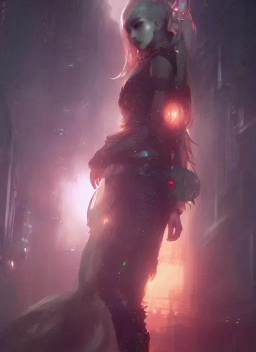Prompt: a beautiful light haired asian princess, intricate concept art, cyberpunk darksynth, ethereal, ominous, dramatic lighting, ruan jia and krenz cushart and zeronis and wlop