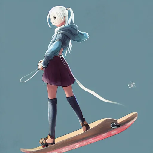 Prompt: Ciri on a skateboard, by Makoto Shinkai