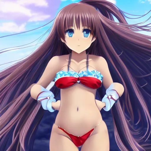 Image similar to a very beautiful young yuuki asuna,, full body, long wavy hair, sky blue eyes, full round face, bikini, miniskirt,, cinematic wallpaper by kentaro miura