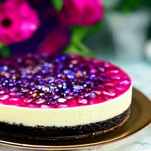 Prompt: close view of a delicious sweet and perfect cheesecake made of gems and diamonds, award winning, 4 k, beautiful