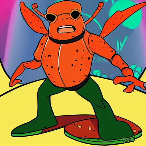 Prompt: a new Ben 10 alien character inspired by capybaras and lobsters who enjoys surfing while eating pizza and wears tacky Hawaiian shirts and socks with sandals, he also says dude a lot