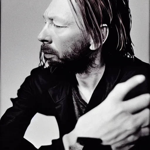 Image similar to Thom Yorke, Thom Yorke, Thom Yorke, with a beard and a black jacket, a portrait by John E. Berninger, dribble, neo-expressionism, uhd image, studio portrait, 1990s