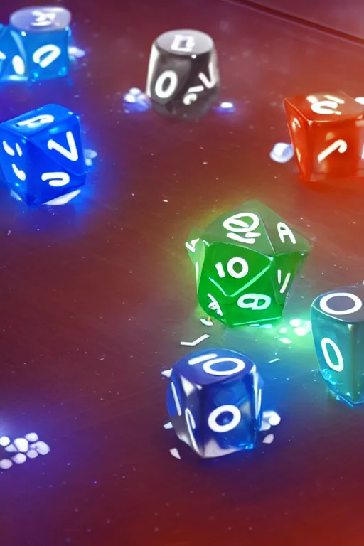 Image similar to closeup, of one futuristic sci-fi Twenty sided dice, in the background players at a table that are in still high tech suites, bokeh, sharp focus, intricate concept art, highly detailed, 8k, cinematic, sharp focus