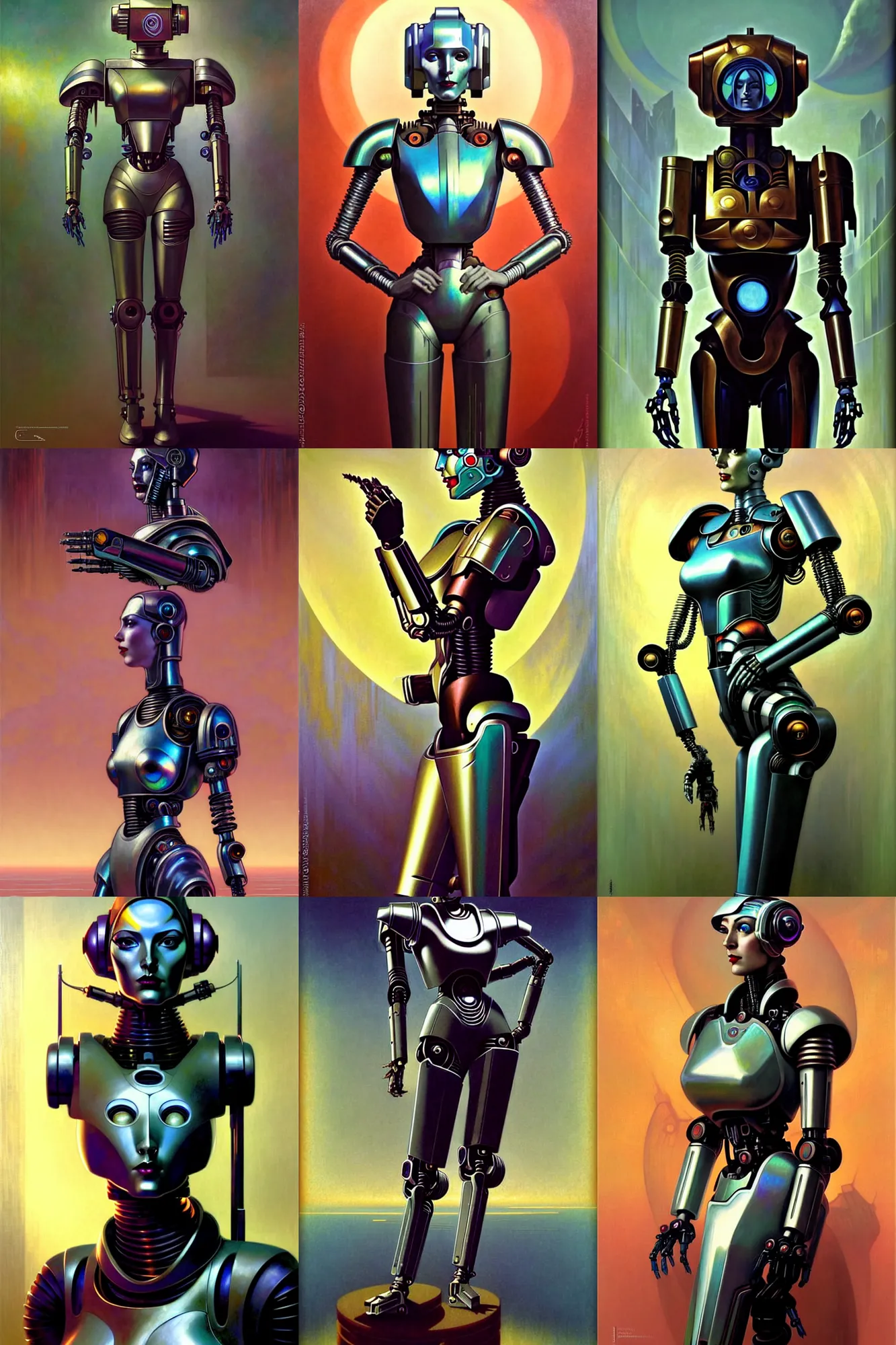 Prompt: fullbody or portrait, simple futurist cyborg empress, warhammer 4 0 k, perfect future, award winning art by gerald brom and syd mead, iridescent color palette, beautiful face, by wlop and karol bak and bouguereau and viktoria gavrilenko, 1 9 5 0 s retro future robot android. muted colors