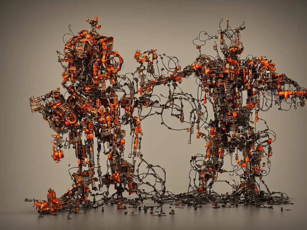 Image similar to a baroque machine, robot god constructed out of modular synthesizer components sits upon a throne cables, wires and discarded components in vast hall, macro photography, long exposure photograph, surrealism, anamorphic bokeh, warm, soft light, orange and teal, caustic, atmospheric fog, octane render, cinematic