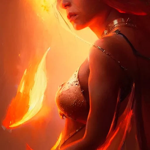 Image similar to a beautiful portrait of a fire goddess by greg rutkowski and raymond swanland, trending on artstation, flaming background, ultra realistic digital art