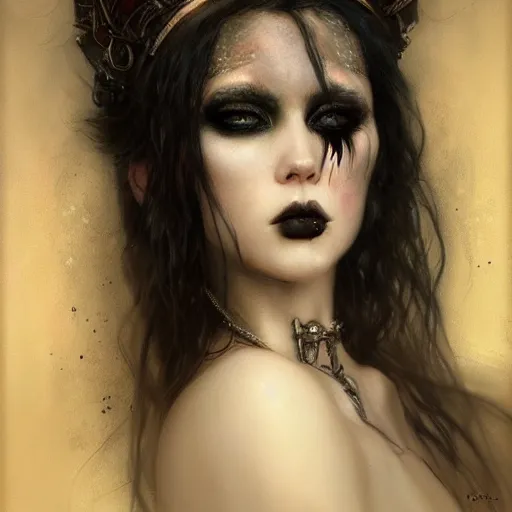 Image similar to a beautiful portrait of kerli koiv with pastel goth makeup, a detailed painting by greg rutkowski and raymond swanland and luis royo, featured on cgsociety, grimdark art, detailed painting, artstation hd, photorealistic