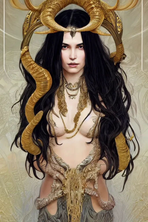 Image similar to fullbody!! of a beautiful woman with long black hair, big natural ram horns on her head, flowing dress, gold jewellery, dnd, face, fantasy, intricate, elegant, highly detailed, digital painting, artstation, concept art, smooth, sharp focus, illustration, art by artgerm and greg rutkowski and alphonse mucha