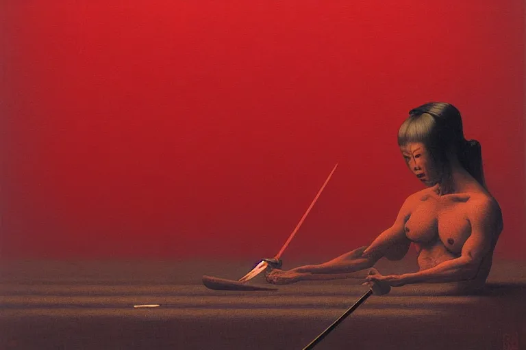 Image similar to only with red, a red samurai do seppuku, tokio, a lot of frogs watch, in the style of beksinski, parts by edward hopper, parts by rodcenko, parts by yue minjun, intricate and epic composition, red by caravaggio, insanely quality, highly detailed, masterpiece, red light, artstation, 4 k