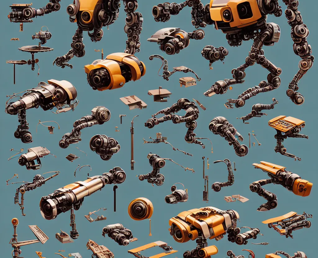 Image similar to detailed collection of exploration of form and shapes, katsuhiro otomo, robot arms, props, hard surface, panel, simon stalenhag, kitbash, items, gadget, big medium small, close up, futuristic, parts, machinery, greebles, insanely detailed, case, hardware, golden ratio, wes anderson color scheme, in watercolor gouache detailed paintings, sleek design