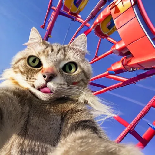 Image similar to selfie of a shouting cat riding a roller - coaster, highly - detailed realistic award - winning