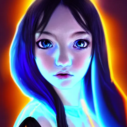 Image similar to advanced digital portrait painting photograph, a teenage anime girl wearing a dress made out of blue fire , full body, very long black/red hair, one yellow and one blue eye, intense stare, cinematic lighting, medium shot, MCU, very high details, trending on artstation, CSP, Photoshop, WLOP, Rossdraws, James Jean, Andrei Riabovitchev, Marc Simonetti, Anastasia Ovchinnikova, BEN MAIER and Sakimichan