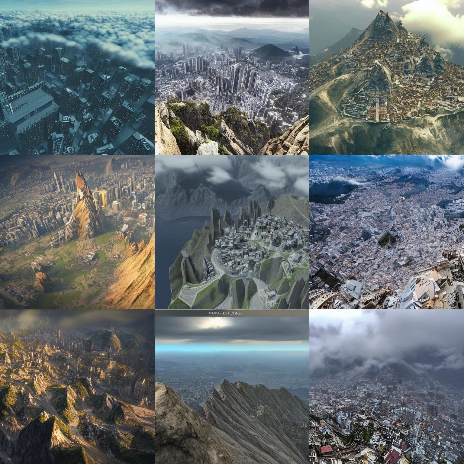 Prompt: epic scale. city built inside a mountain peak. clouds below. beautiful 4 k