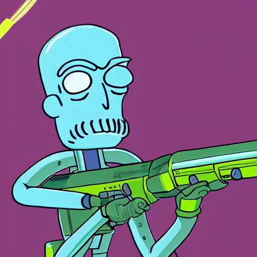 Image similar to portrait of alien rick holding a cybernetic rifle, rick and morty forever and forever a hundred years! g