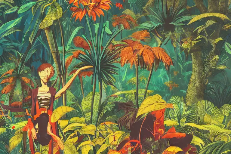 Image similar to 2 d gouache illustration, a lot of exotic vegetation, trees, ( rotterdam gabber from 9 0's ). extreme long shot, flowers, oldschool vintage sci - fi flat surreal design, super - detailed, painting by satoshi kon, hd, 4 k, high quality