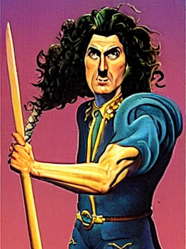 Image similar to weird al as a powerfulwizard holding a staff, serious expression, in the style of frank frazetta