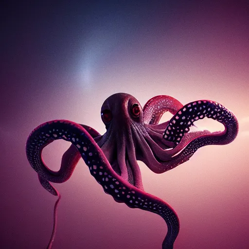 Image similar to hyperrealism simulation of parallel universe octopuses floating in deep space in surreal scene from art house movie from future by caravaggio rendered in blender and octane render