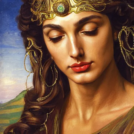 Image similar to Head and shoulders masterpiece portrait oil painting of the beautiful goddess Gal Gadot as Atenea, she is wearing roman clothes and a surreal jewelry, her hair is natural disheveled, she is approaching heaven over the clouds, naturalism, dramatic lighting, high-detailed oil painting by Ilya Repin, Michelangelo da Caravaggio, William Blake, Alex Grey and Beksinski, trending on Artsation, hystorical painting, naturalism, masterpiece, 4k, 8k,