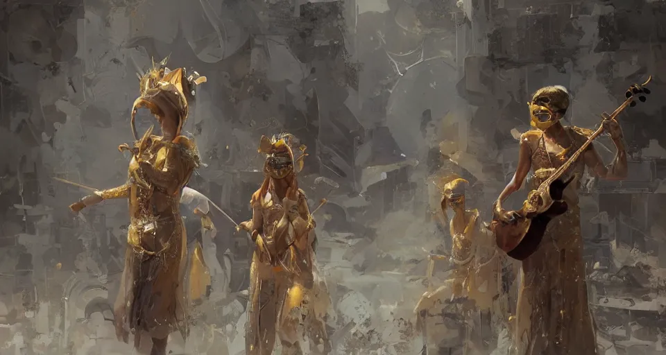 Image similar to craig mullins and ghibli digital art of on the stage, one masked female violinists ， exotic costumes, gold jewelry, black hair, realistic shading, cinematic composition, realistic render, octane render, detailed textures, photorealistic, wide shot