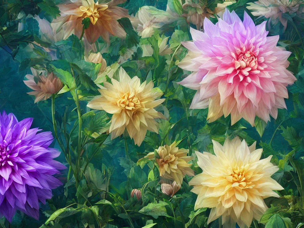 Prompt: 3d render of an opalescent dahlia, Sunlight Study, by Jan Davidsz de Heem and (((((Lisa Frank))))), Art Nouveau, 8k, extreme detail, sharp focus, octane render