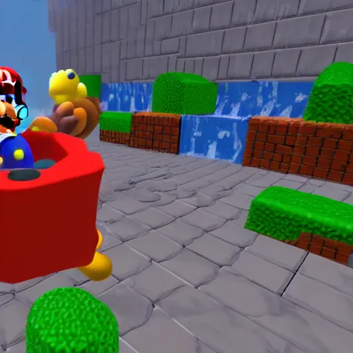 Image similar to Super mario 64 whomps fortress, rendered in unreal engine, hyper detailed