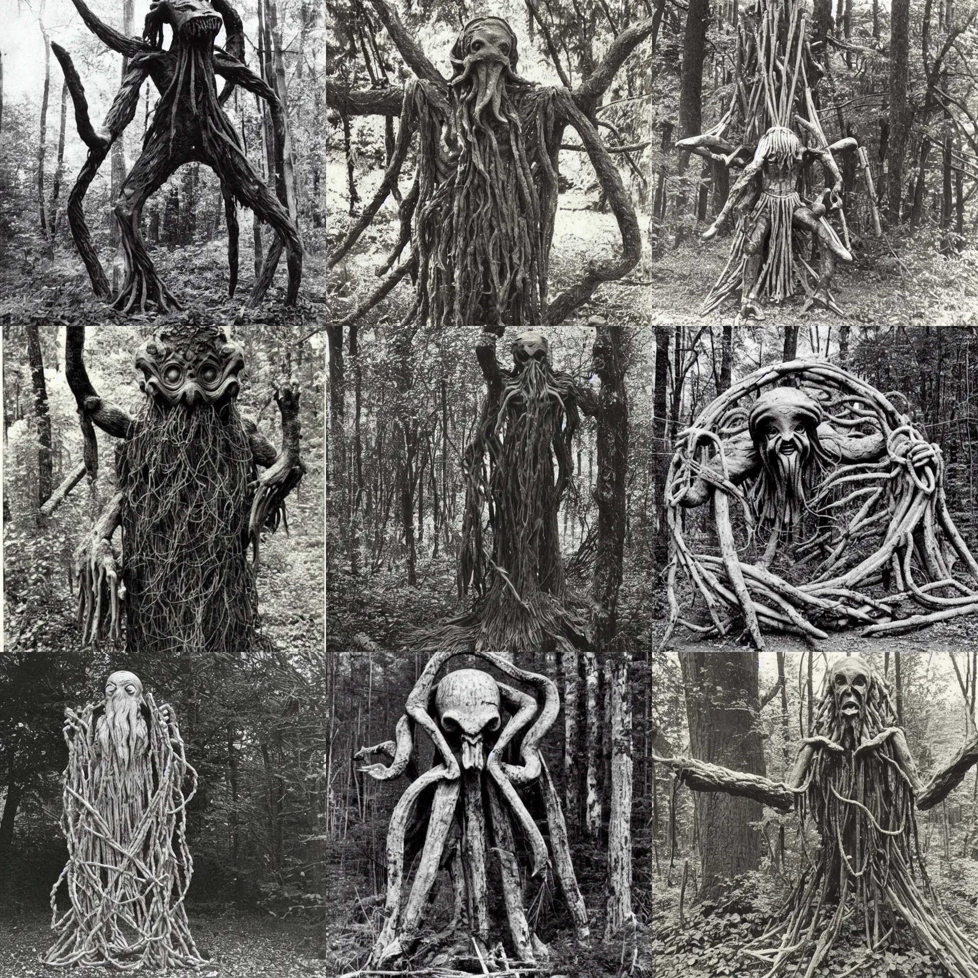 Prompt: a vintage photograph of a crude idol of cthulhu in the forest made from sticks, bone and twine